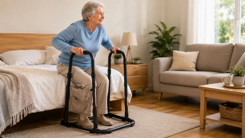 Seniorin nutzt eines der Aufstehhilfen am Bett und stützt sich beim kontrollierten Aufstehen ab.