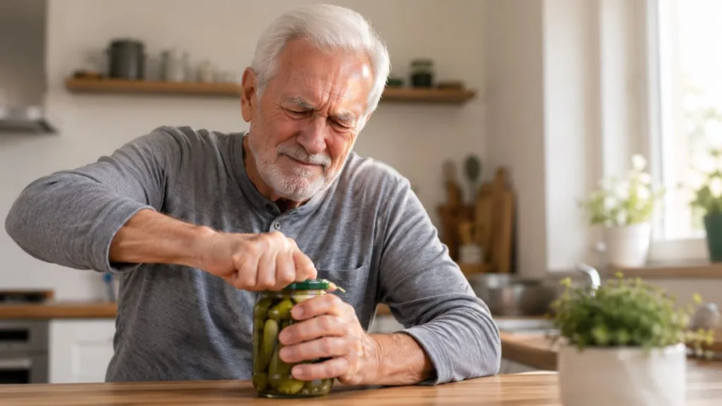 Ein Senior versucht mit viel Antrengung ein Glas zu öffnen