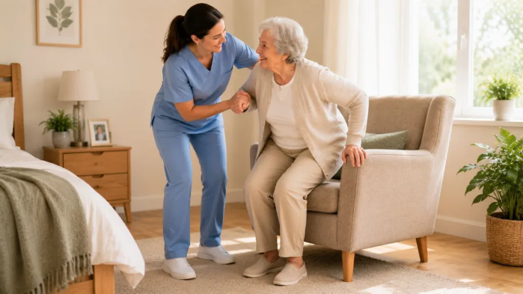 Krankenschwester unterstützt eine Seniorin beim Aufstehen aus einem Sessel in einem hellen Wohnraum.