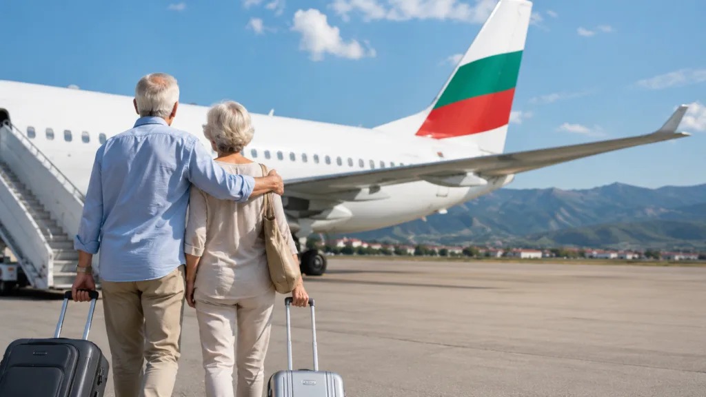 ein Rentnerpaar steigt mit ihren Koffern in ein bulgarisches Flugzeug