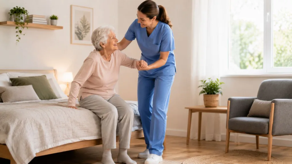 Pflegekraft unterstützt eine Seniorin beim Aufstehen von der Bettkante in einem hellen Schlafzimmer.