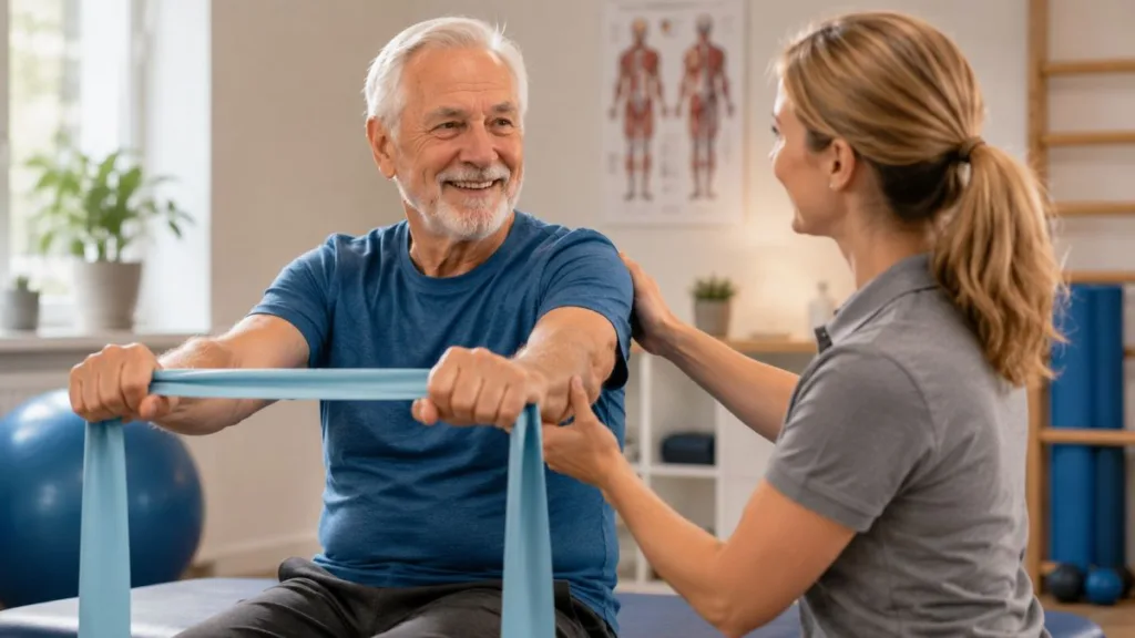 Ein Senior bei einer Übung mit einem Gummiband bei der Physiotherapie
