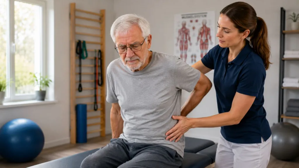 ein Rentner macht gerade eine Übung bei der Physiotherapie