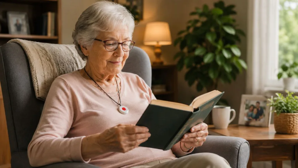 Eine Seniorin liest ein Buch und hat einen Notrufknopf um den Hals hängen