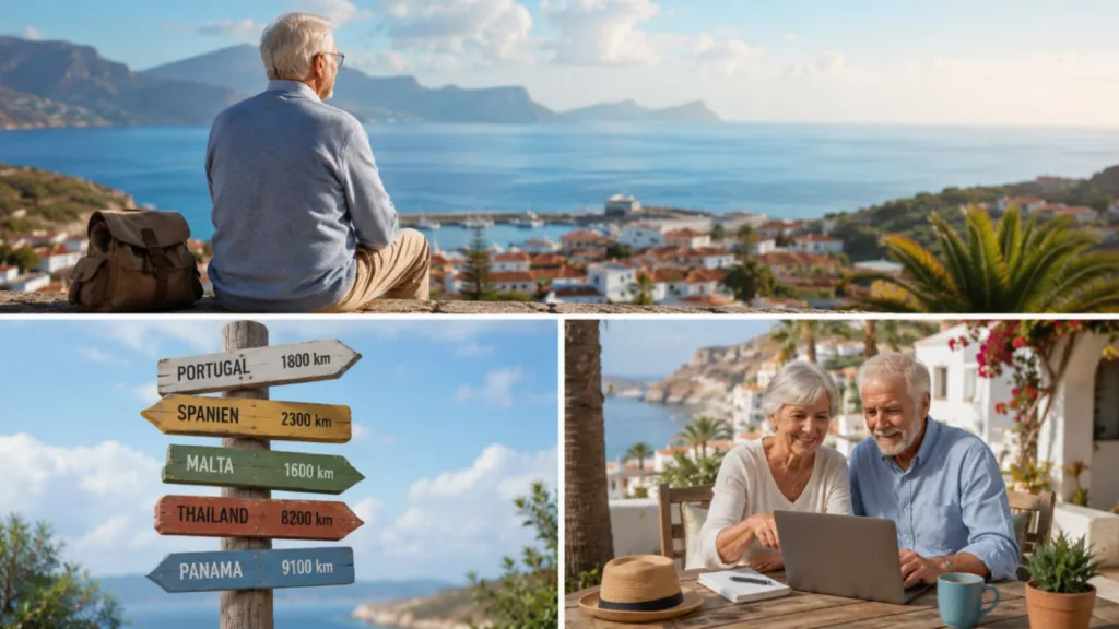 drei Bilder in einem, oben sitzt ein Senior und schaut aufs meer, links unten ist ein Wegweiser und rechts unten sitzt ein Seniorenpaar am Laptop