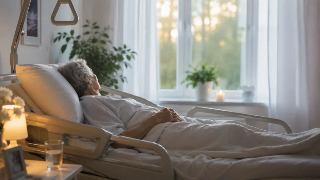 Ältere Person liegt ruhig in einem Pflegebett am Fenster – Symbolbild für Patientenverfügung, medizinische Vorsorge und Entscheidungen im Ernstfall.