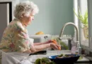 eine Seniorin schält gerade eine Möhre unterm Wasserhahn
