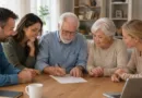Ein Senioren-Paar sitzt mit ihren Angehörigen an einer Patientenverfügung