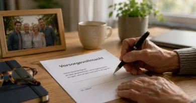 ein Rentner unterzeichnet gerade eine Vorsorgevollmacht und im Hintergrund steht ein Bild seiner Familie