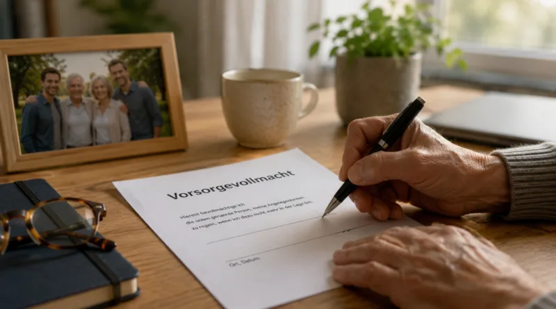 ein Rentner unterzeichnet gerade eine Vorsorgevollmacht und im Hintergrund steht ein Bild seiner Familie