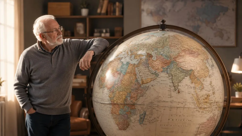 ein Rentner lehnt an einem gigantischen Globus