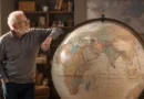 ein Rentner lehnt an einem gigantischen Globus