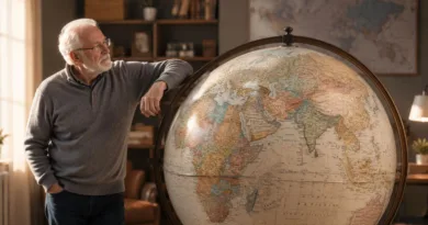 ein Rentner lehnt an einem gigantischen Globus
