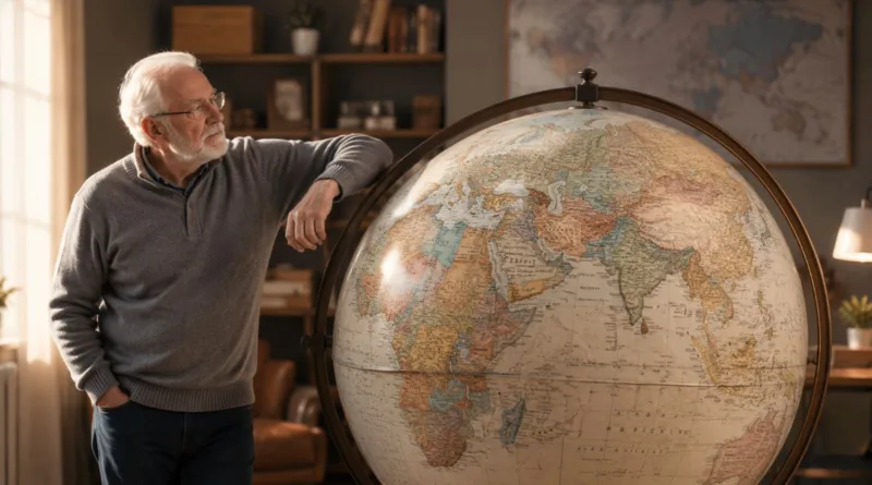 ein Rentner lehnt an einem gigantischen Globus
