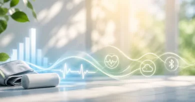 Modernes Symbolbild für ein Blutdruckmessgerät mit App, digitaler Datenspeicherung und Herzrhythmus-Anzeige