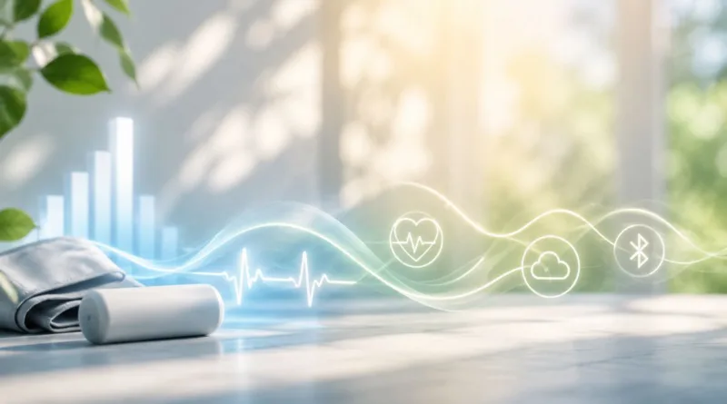 Modernes Symbolbild für ein Blutdruckmessgerät mit App, digitaler Datenspeicherung und Herzrhythmus-Anzeige