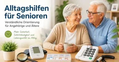 Seniorenpaar sitzt freundlich am Tisch mit Alltagshilfen wie Telefon, Lupe, Blutdruckmessgerät und Medikamentenbox