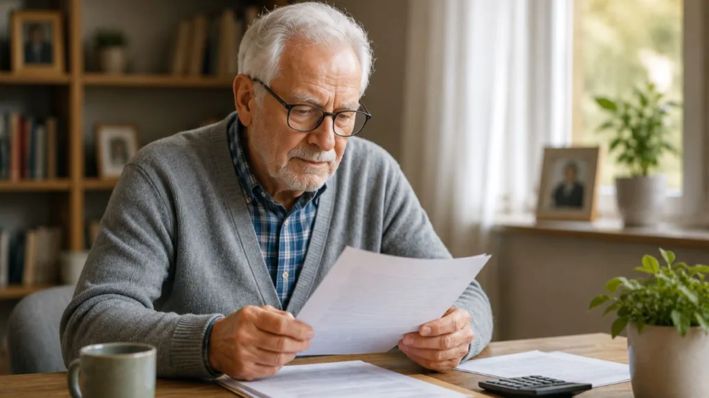 ein Senior schaut sich einen Brief am Schreibtisch an
