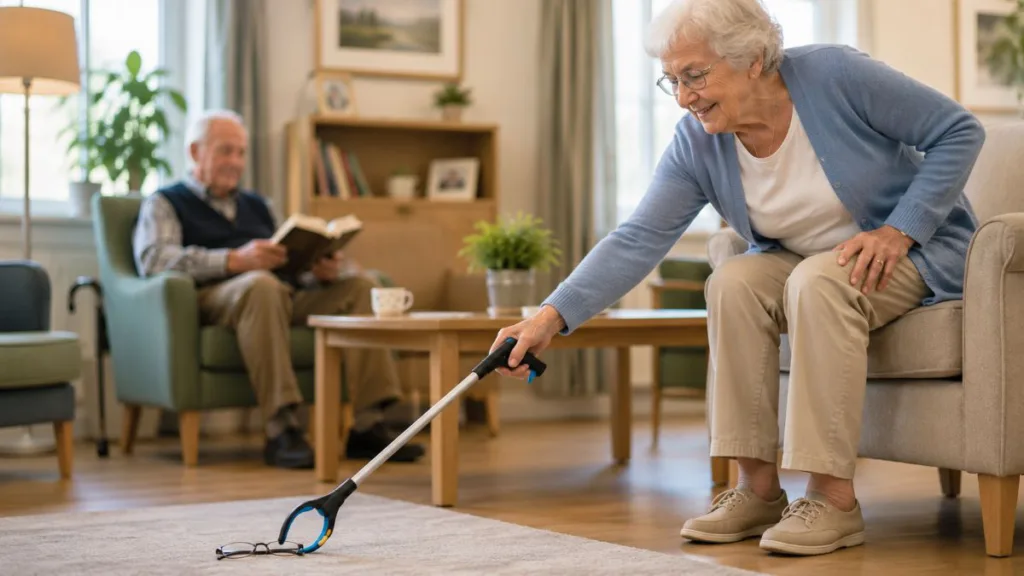 Seniorin hebt mit einer Greifzange eine Brille vom Boden auf, während sie bequem im Wohnzimmer sitzt.