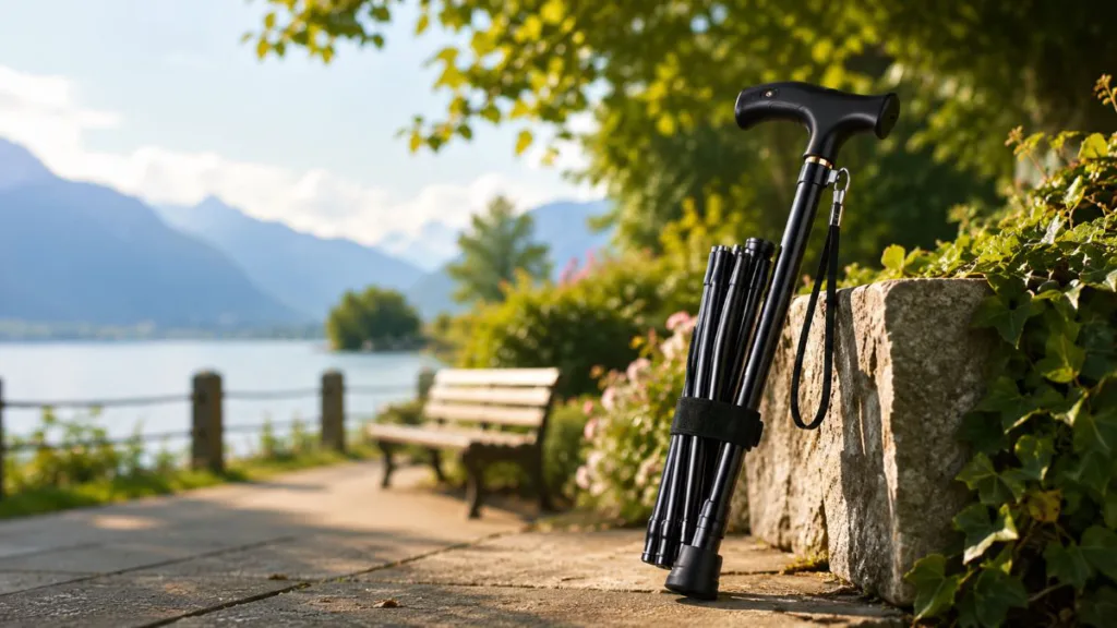 ein zusammengeklappter Gehstock an einer Mauer gelehnt