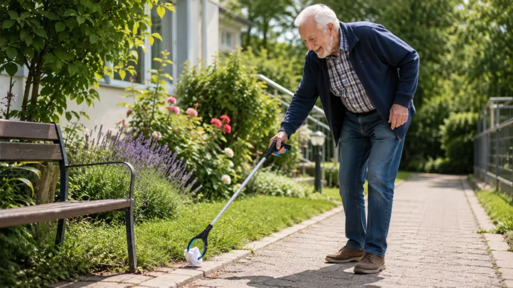 Senior nutzt eine der Greifzangen im Garten, um einen Gegenstand vom Weg aufzuheben, ohne sich tief zu bücken.