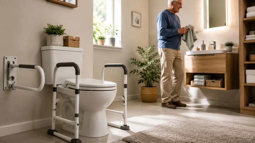 eine WC Aufstehhilfe steht in einem Bad und ein Senior ist im Hintergrund