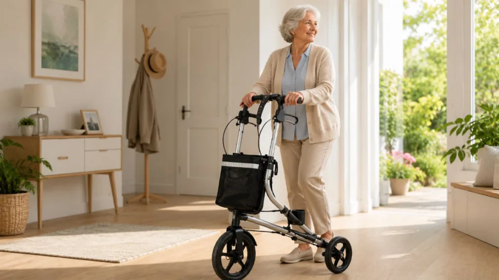 Lächelnde Seniorin mit Dreirad-Rollator in einem hellen Eingangsbereich