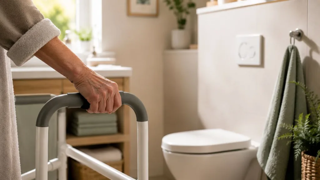 Nahaufnahme einer Aufstehhilfe mit einer Frauenhand und verschwommen im Hintergrund ist eine Toilette