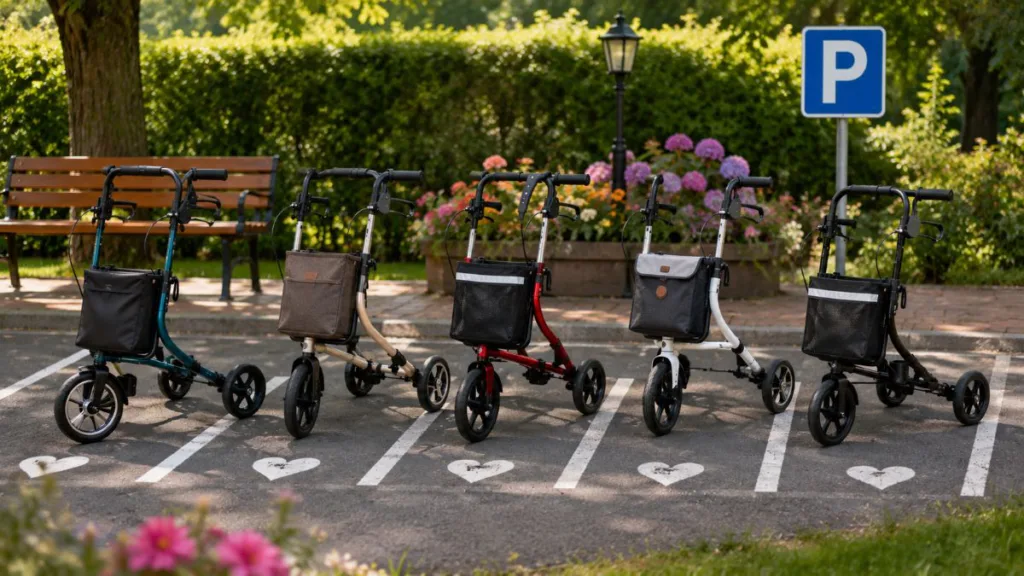 Fünf unterschiedliche Dreirad-Rollatoren auf markierten Parkplätzen