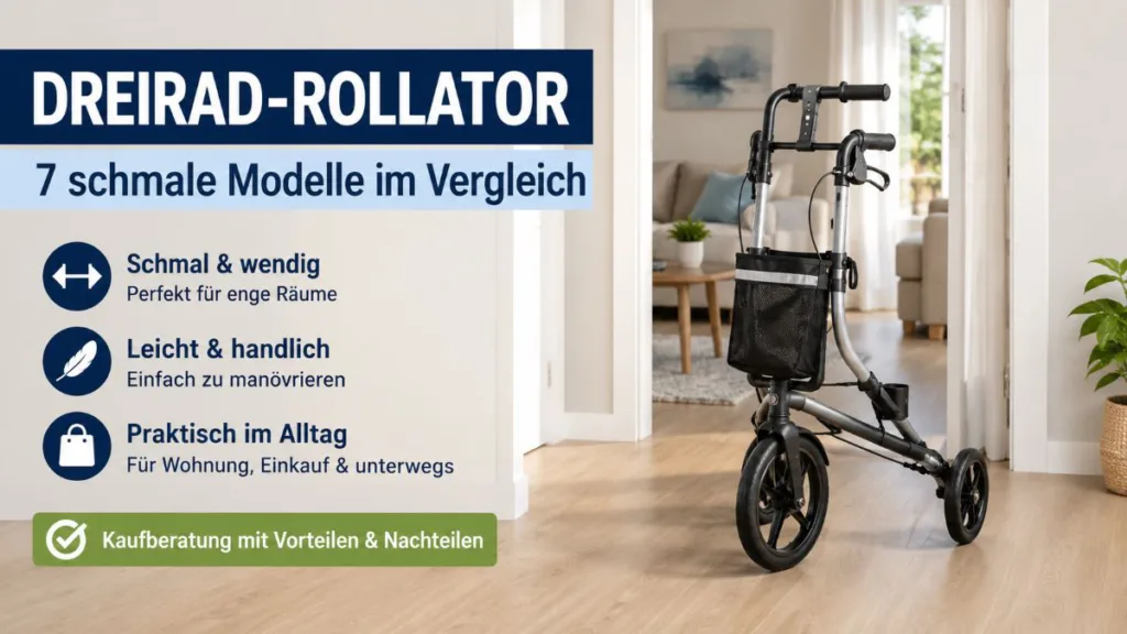 Dreirad-Rollator in einer hellen Wohnung mit Übersicht zu schmalen und wendigen Modellen