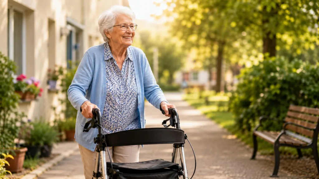 eine Seniorin mit Rollator vor einem Haus
