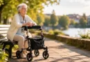 eine Seniorin mit Rollator sitzt an einem Flussufer