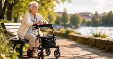 eine Seniorin mit Rollator sitzt an einem Flussufer