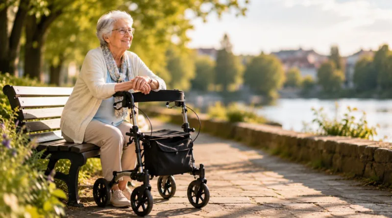 eine Seniorin mit Rollator sitzt an einem Flussufer