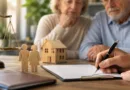 Senioren unterschreiben eine Betreuungsverfügung am Tisch, mit Symbolen für Familie, Zuhause und rechtliche Vorsorge.