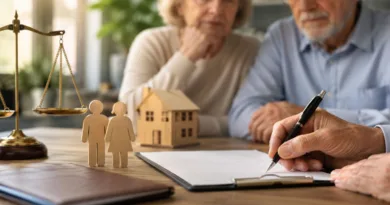 Senioren unterschreiben eine Betreuungsverfügung am Tisch, mit Symbolen für Familie, Zuhause und rechtliche Vorsorge.