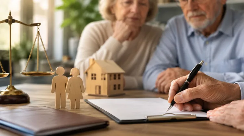 Senioren unterschreiben eine Betreuungsverfügung am Tisch, mit Symbolen für Familie, Zuhause und rechtliche Vorsorge.