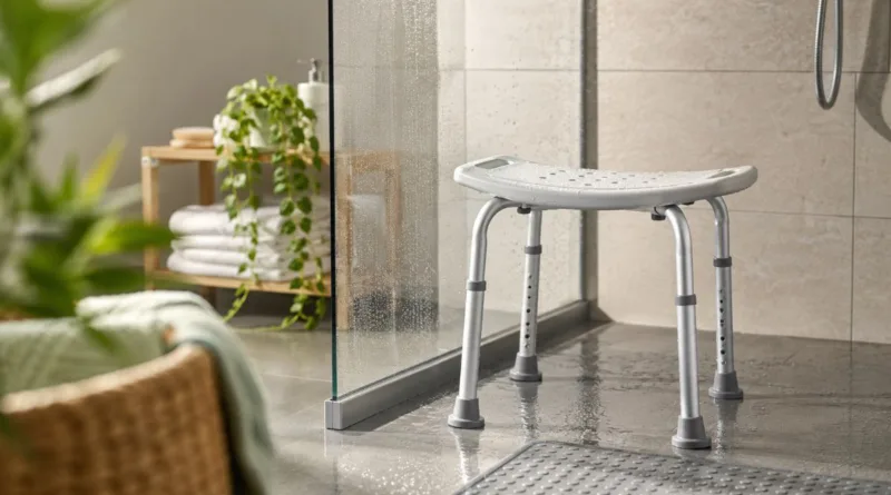 Duschhocker mit rutschfesten Füßen in einer modernen, bodengleichen Dusche mit Glasabtrennung