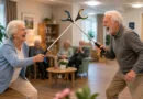 Zwei Senioren spielen lachend mit Greifzangen in einem hellen Aufenthaltsraum eines Seniorenheims.