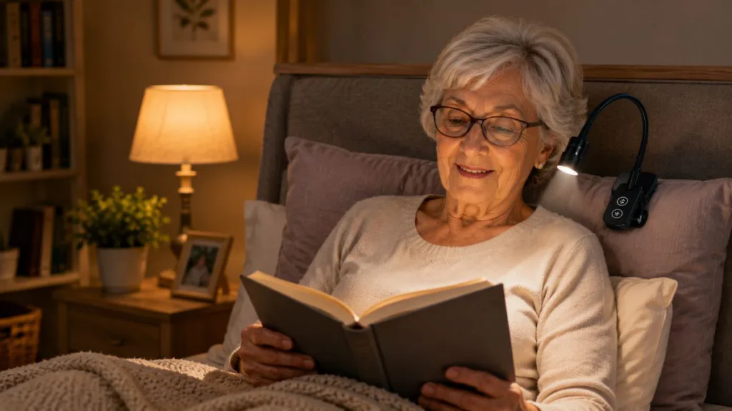 eine seniorin liest im Bett mit einer Leselampe ein Buch