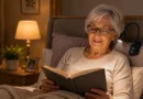 eine seniorin liest im Bett mit einer Leselampe ein Buch