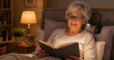 eine seniorin liest im Bett mit einer Leselampe ein Buch