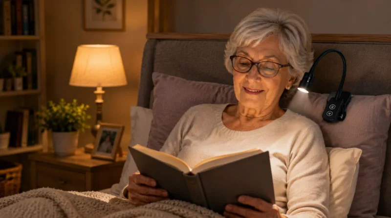 eine seniorin liest im Bett mit einer Leselampe ein Buch