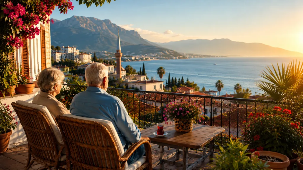 zwei Senioren genießen den Blick aufs Meer von einem Balkon aus