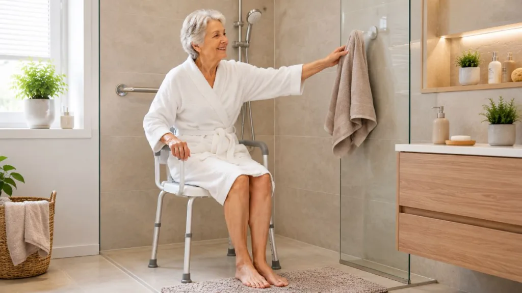 eine Seniorin sitzt im Bademantel auf einem Duschstuhl