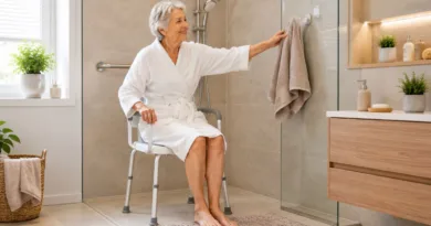 eine Seniorin sitzt im Bademantel auf einem Duschstuhl