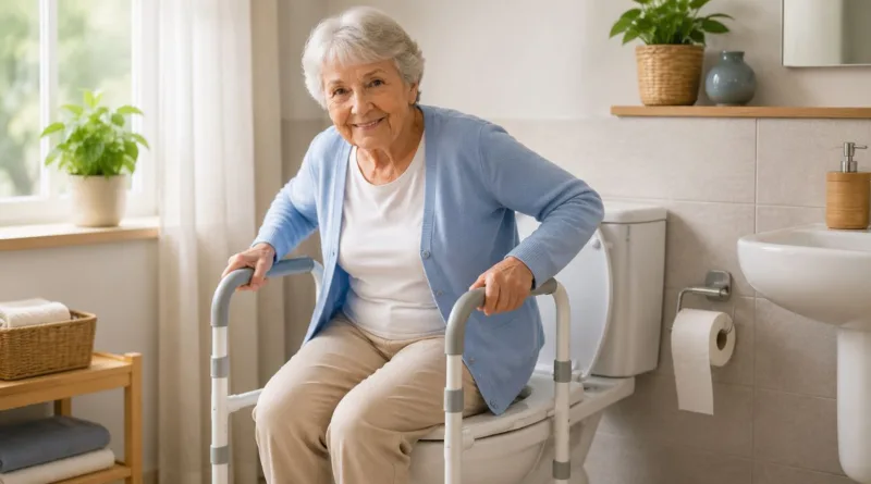 eine Seniorin benutzt eine WC Aufstehhilfe