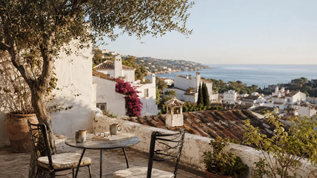 Ausblick von einer spanischen Terrasse über eine Bucht