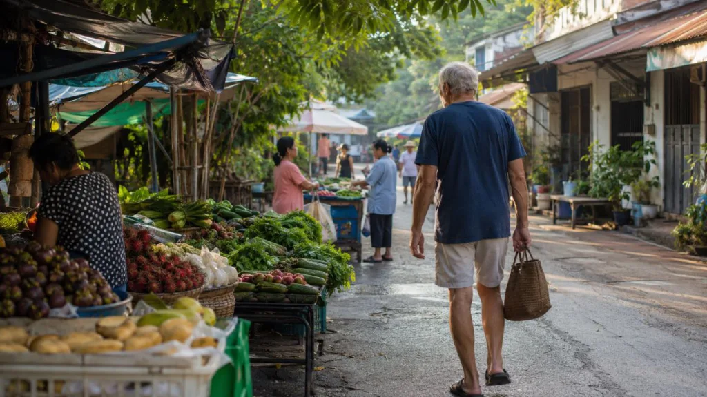 ein Senior schlendert über einen thailändischen Markt