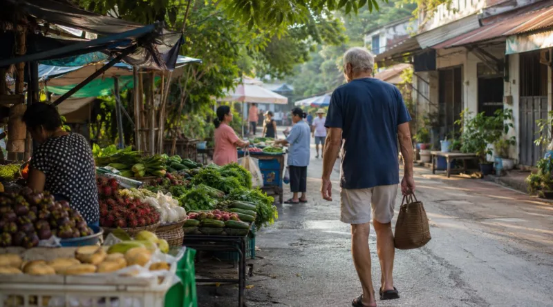 ein Senior schlendert über einen thailändischen Markt